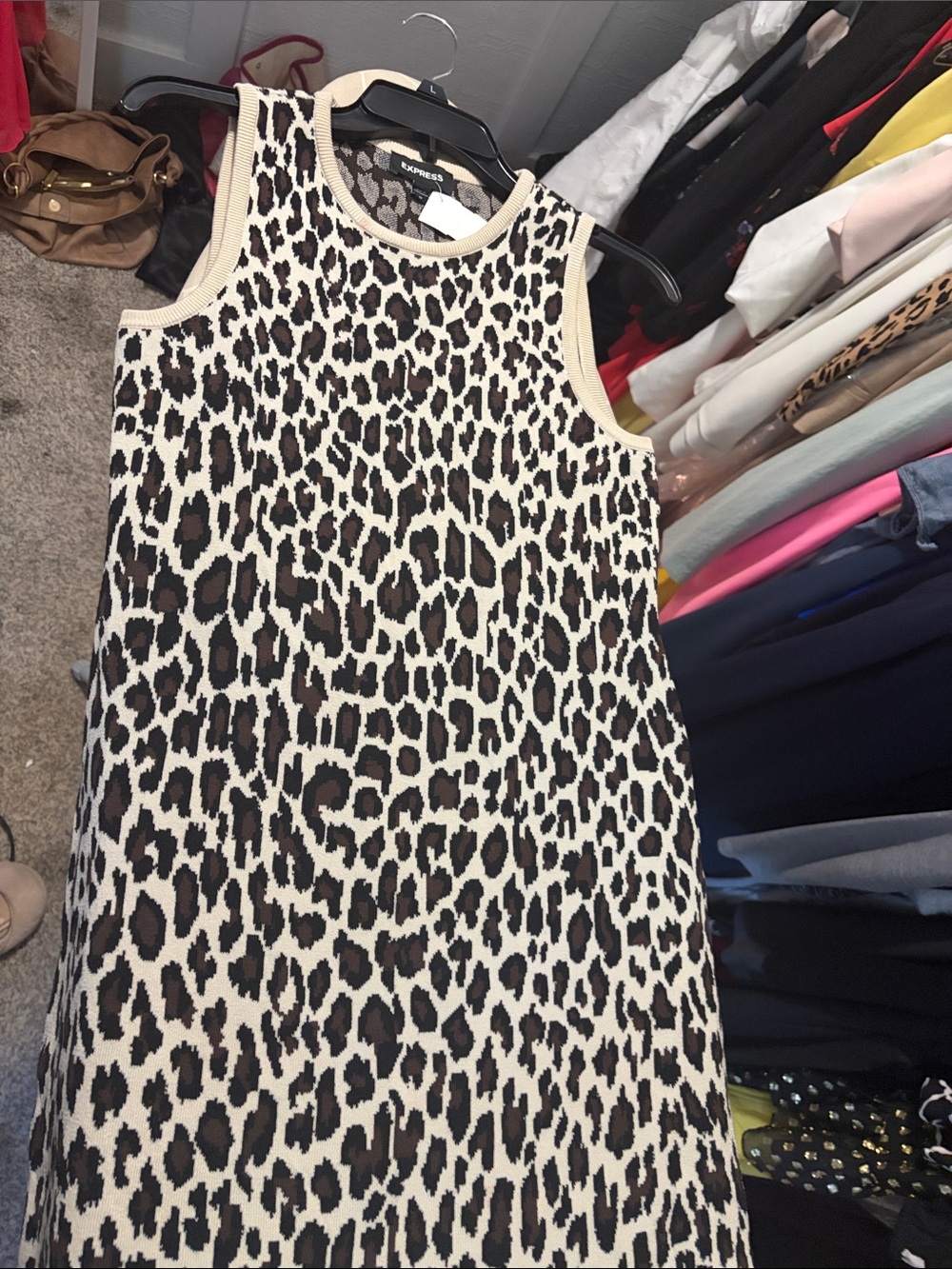 Express Sleeveless Leopard-Print Midi Dress in Beige and Black